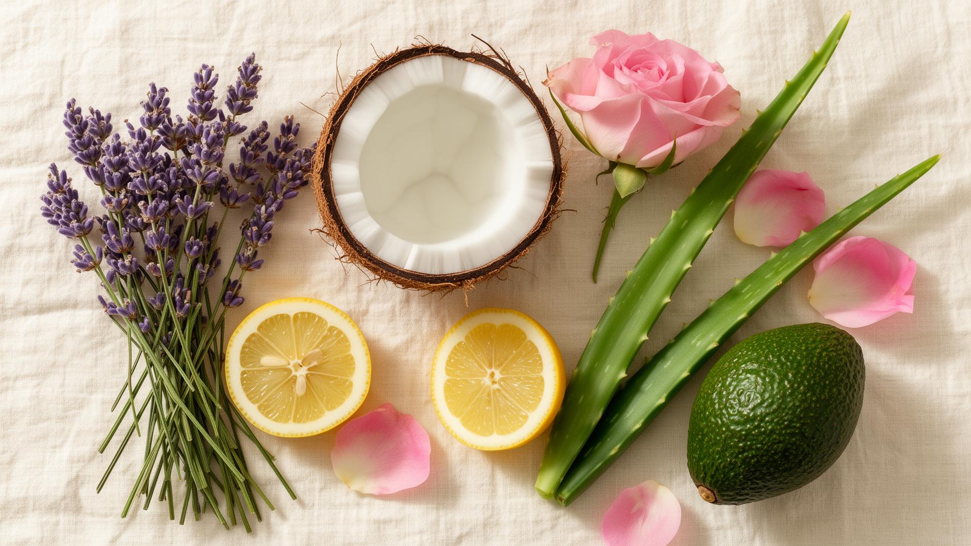 Fresh organic botanical ingredients: coconut, lavender, aloe, rose, lemon, avocado